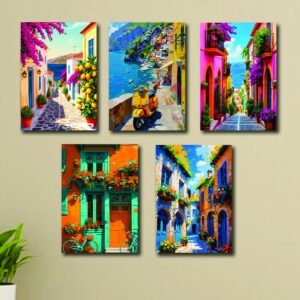 Set Of 5 Italian Vintage Homes Art Themed Wall Art Wooden Sticky Phototile Frames For Wall Home And Girls Room Decoration