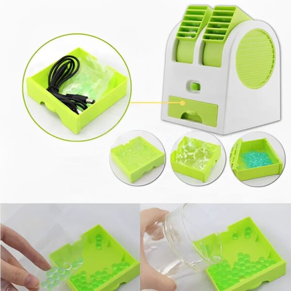 Portable Mini AC Air Cooler – USB & Battery Operated | Dual Blower with Ice Tray | Blade-less Cooling Fan for Home, Shop, Kitchen, Table & Outdoor Use