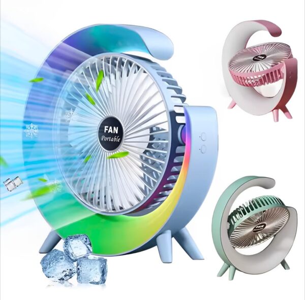 Multi-Functional LED Desktop Fan – USB Rechargeable & Colorful Ambience