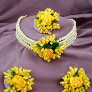 Artificial flower Flower Jewelry Set Pearl  Choker Necklace with Maang Tikka Earrings Floral Handmade perfect for mehndi, mayon, or haldi ceremonies